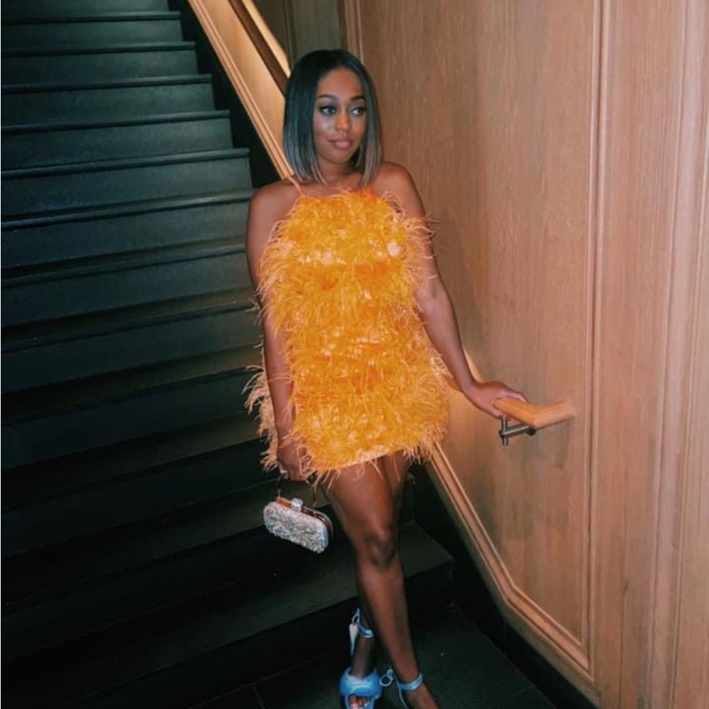 Orange mini feather dress